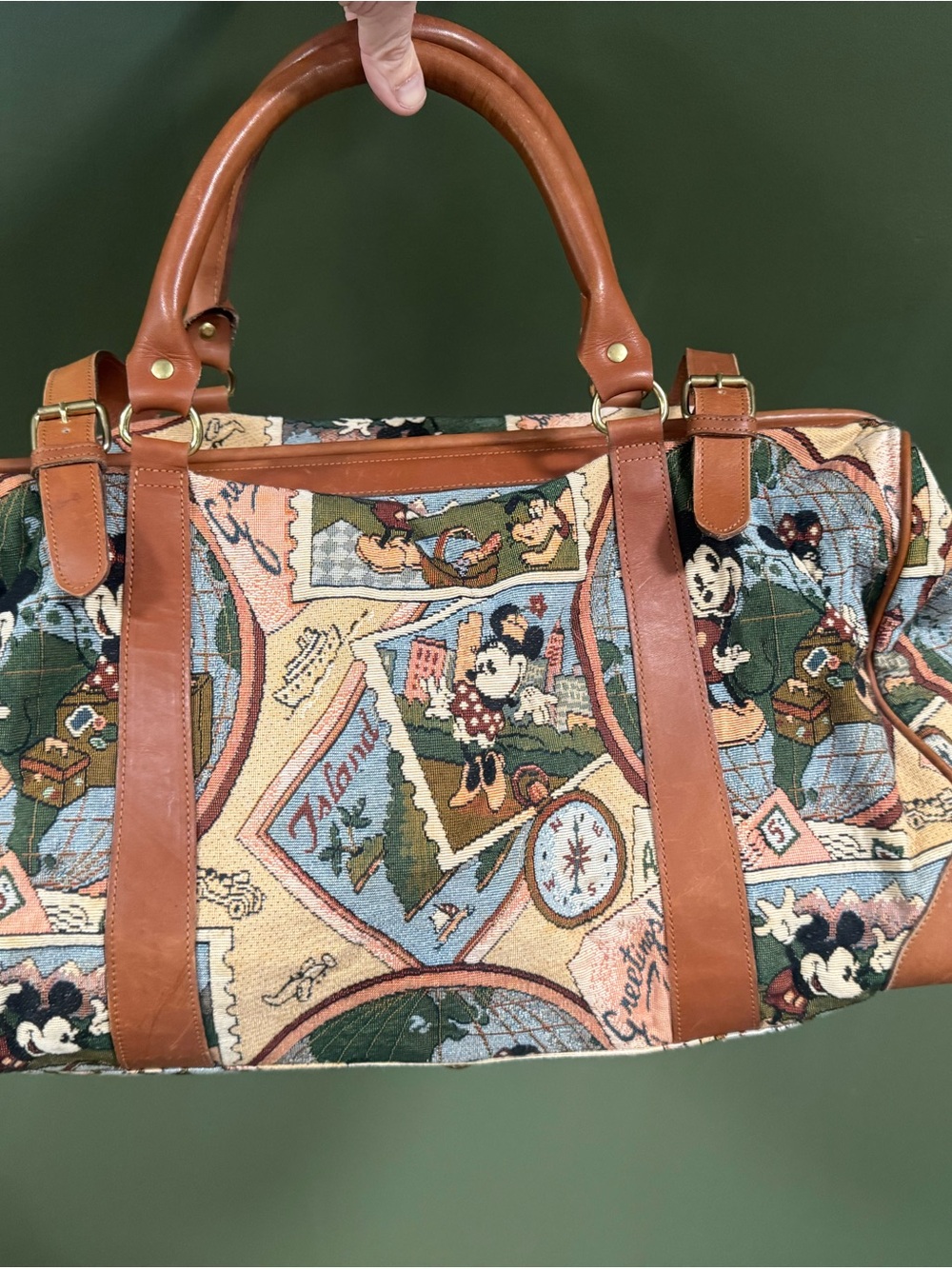 Vintage Tapestry Disney Travel Weekender Bag with Brown Leather Trim